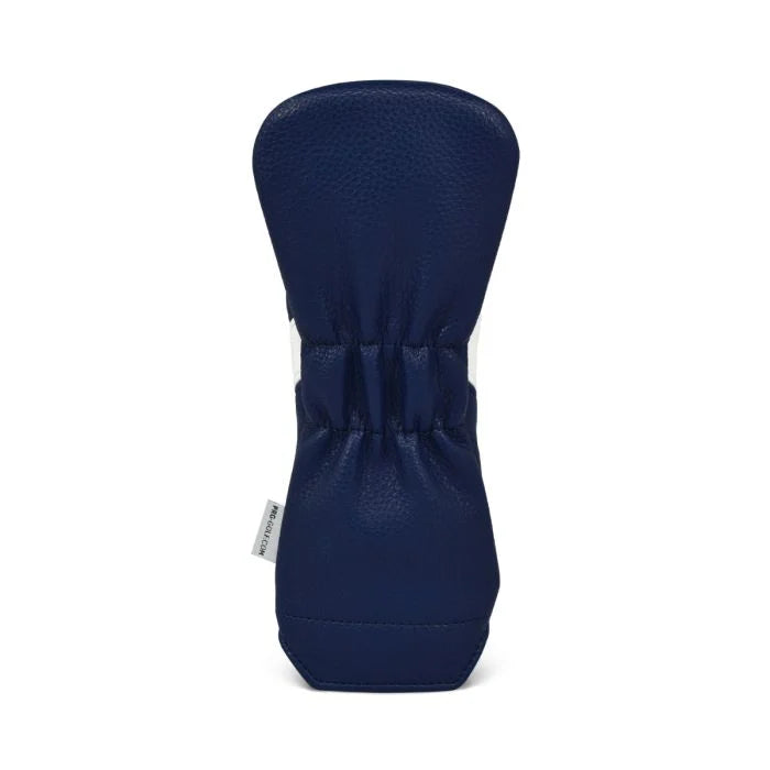Navy blue golf rescue club head cover with a white stripe on a white background