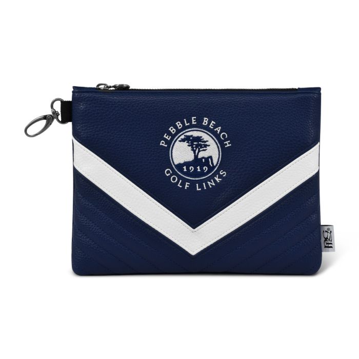 Navy pouch with white stripe and Pebble Beach Golf Links logo on a white background