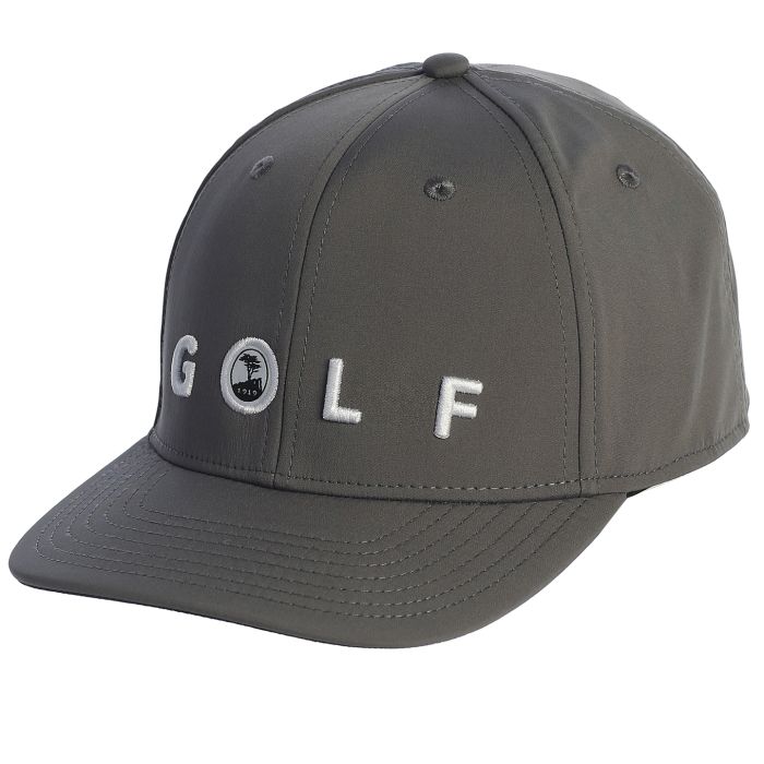 Gray cap with 'GOLF' text and a small pebble beach logo on a white background