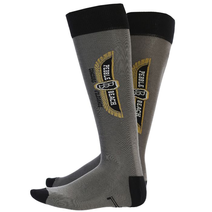 Gray sock with black accents and a pebble beach concours de elegance logo on a white background