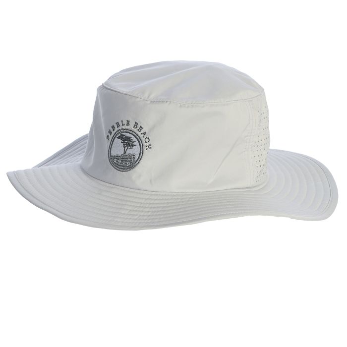 White bucket hat with a grey pebble beach golf links logo on a white background