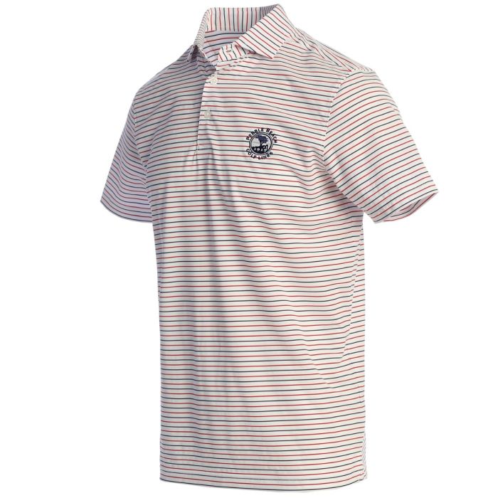 Striped polo shirt with a Pebble Beach logo on a white background
