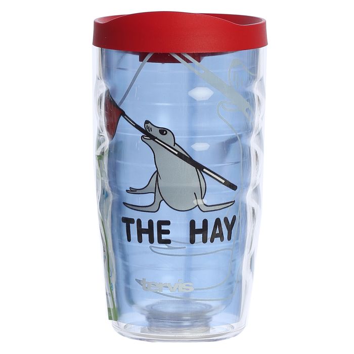 Clear tumbler with red lid featuring a graphic of Cynthia the sea lion and the text 'THE HAY' on a white background.