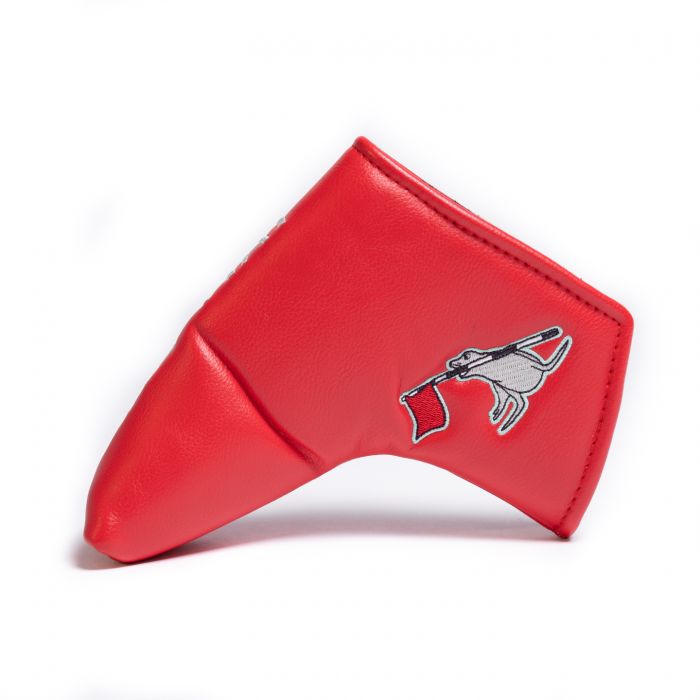 Red blade golf club head cover with Cynthia the sea lion holding a red flag on the side on a white background.