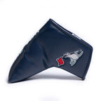 Blue blade golf club head cover with Cynthia the sea lion holding a red flag on the side on a white background.