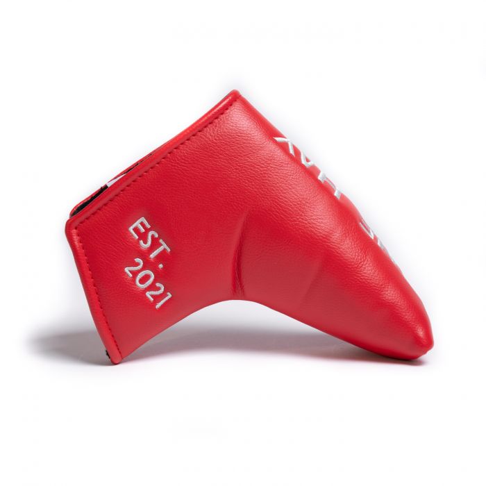 Red blade golf club head cover with 'EST 2021' text on the side on a white background