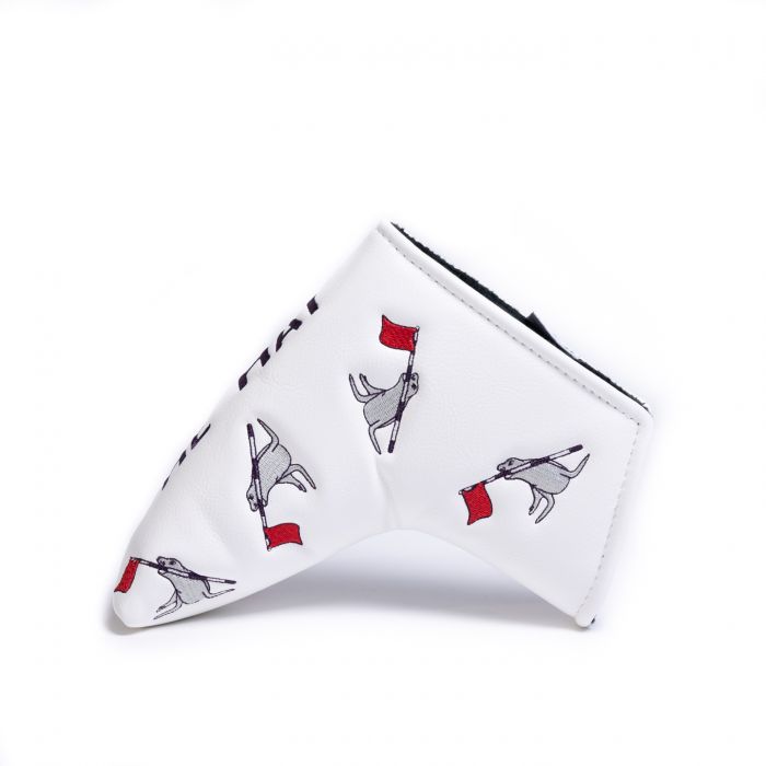 White blade putter golf club head cover with Cynthia the sea lion dancing holding a red flag and 'the hay' text on a white background