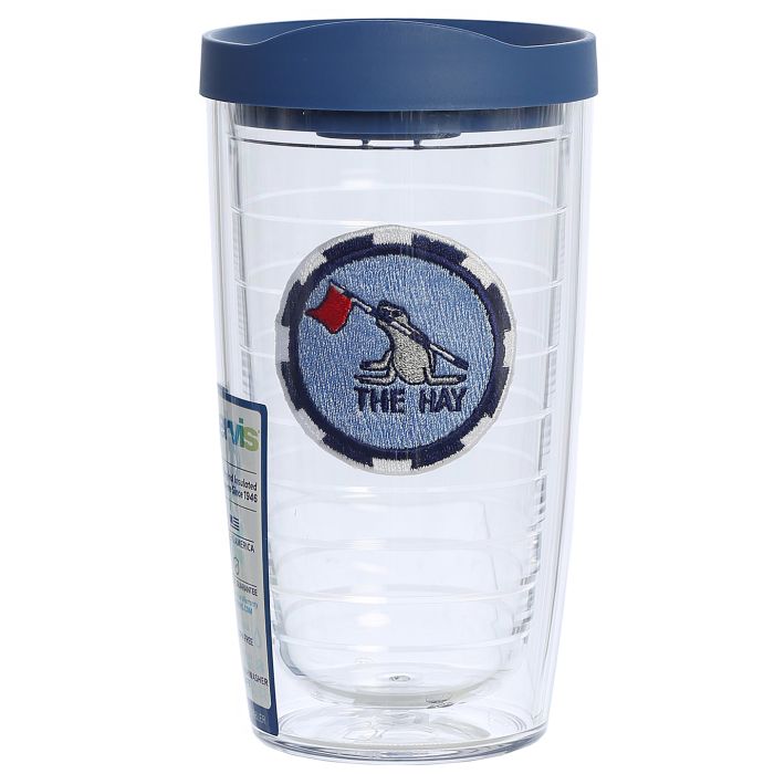 Clear tumbler with blue lid featuring an embroidered hay poker chip on a white background.