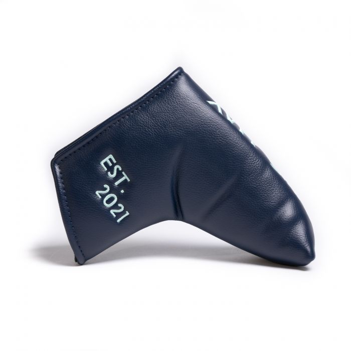 Navy blue blade golf club head cover with 'EST 2021' text on a white background