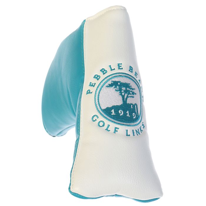 Baby blue golf club head cover with 'Pebble Beach Golf Links' logo on a white background