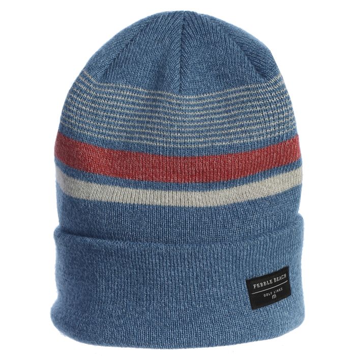 Blue knit beanie with red and gray stripes and a small pebble beach logo on a white background