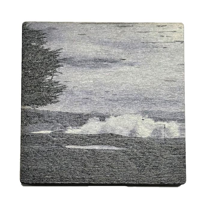 Square grey wood coaster with a nature design featuring trees and water and golf course on a white background