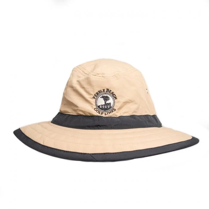 Beige sun hat with black brim and logo on a white background