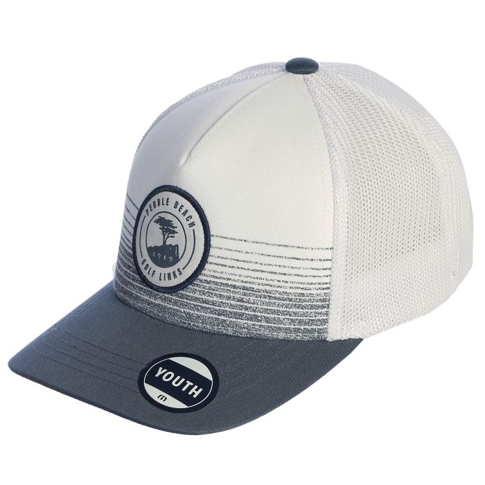 White and blue trucker cap with a pebble beach logo on a white background
