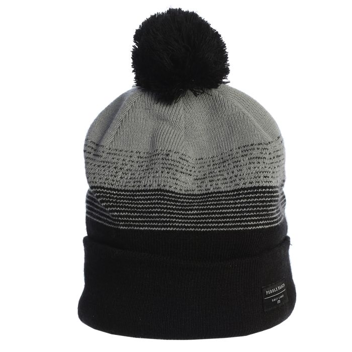 Gray and black beanie with a black
pom-pom on a white background