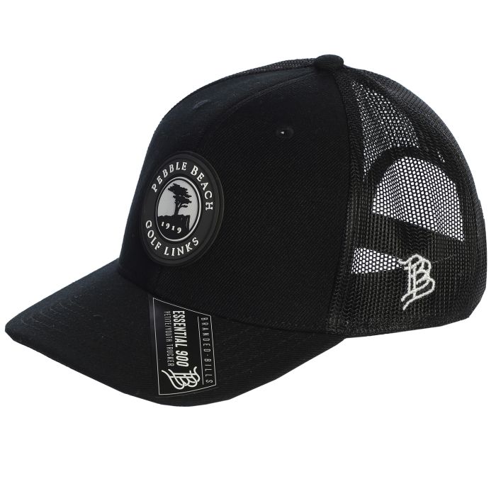 Black trucker cap with mesh back and pebble beach golf links logo on a white background