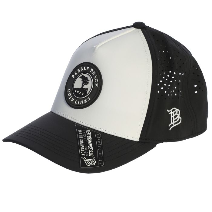 Black and white cap with pebble beach golf links logo on a white background