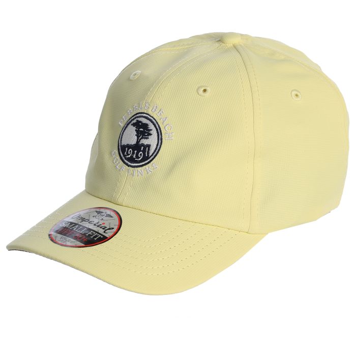 Yellow cap with a white pebble beach logo on a white background