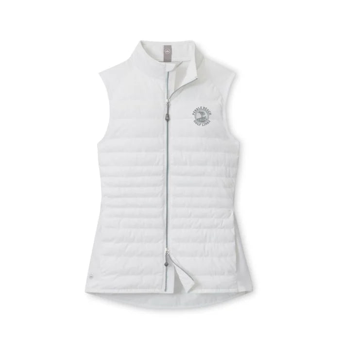 White puffer vest with a grey pebble beach logo on a white background