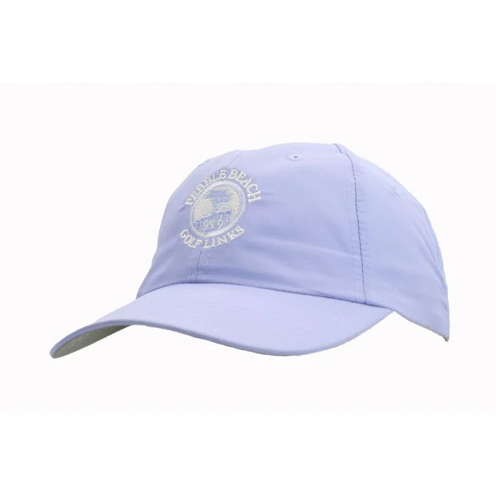 lavender cap with a white pebble beach logo on a white background