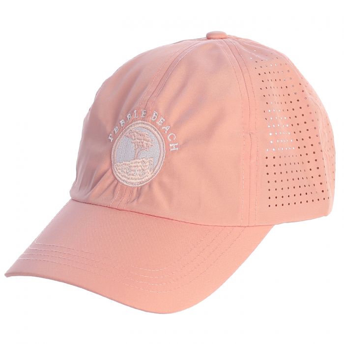 Pink cap with mesh back and a pebble beach logo on a white background