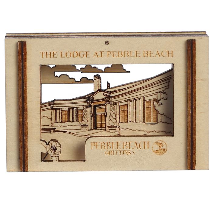  Wooden box ornament with Lazer-cut engraving of the entrance to the lodge at Pebble Beach on a white background