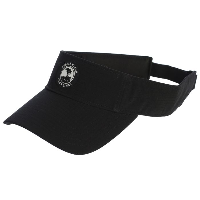 Black visor with a white pebble beach golf links logo on a white background
