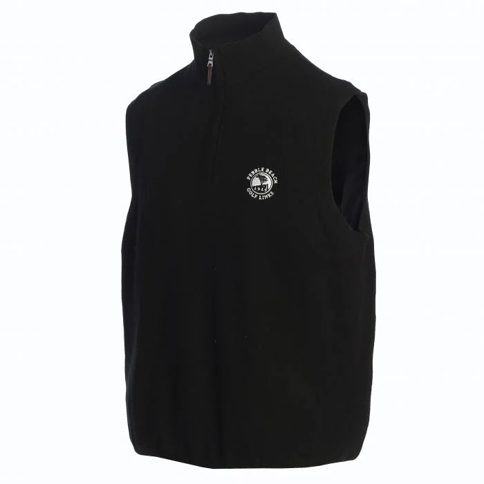 Black vest with a Pebble Beach logo on a white background