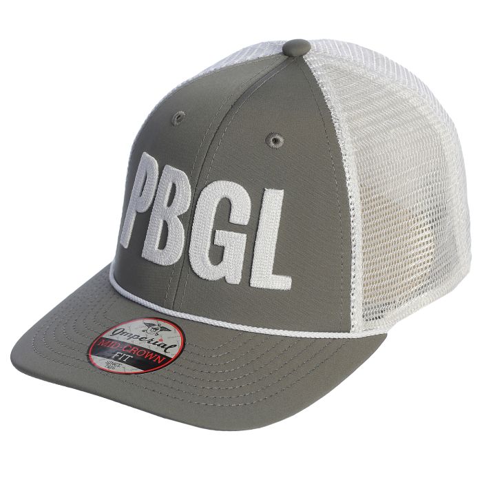 Gray and white cap with 'PBGL' text on a white background