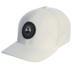 White cap with a black pebble beach logo on a white background