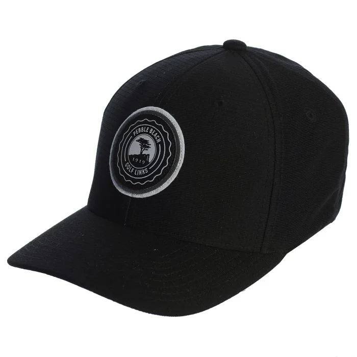 Black cap with a Pebble Beach logo on a white background
