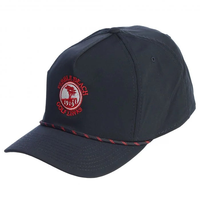Navy blue cap with red and white pebble beach logo and a red and black rope on a white background