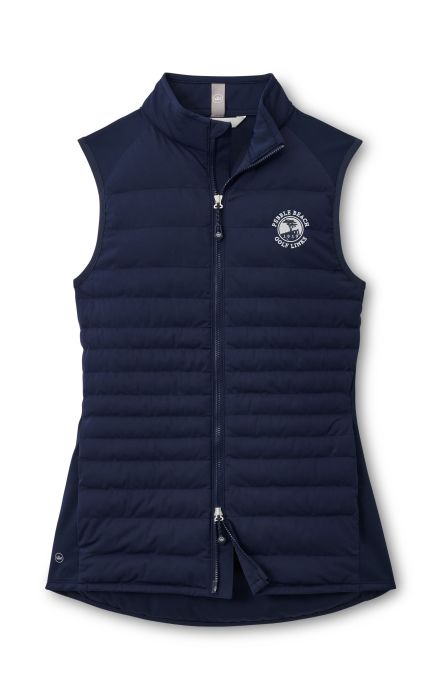 Navy puffer vest with a white pebble beach logo on a white background