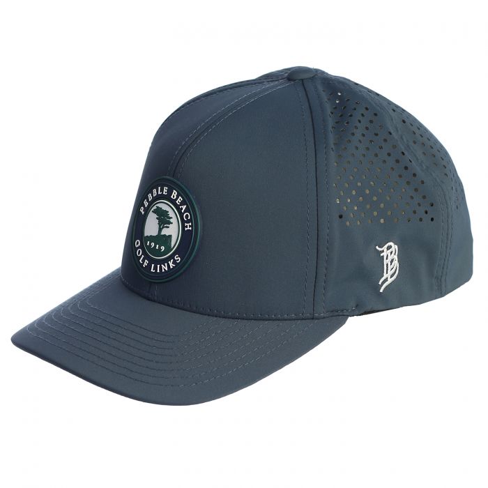 Navy blue cap with a pebble beach logo on a white background