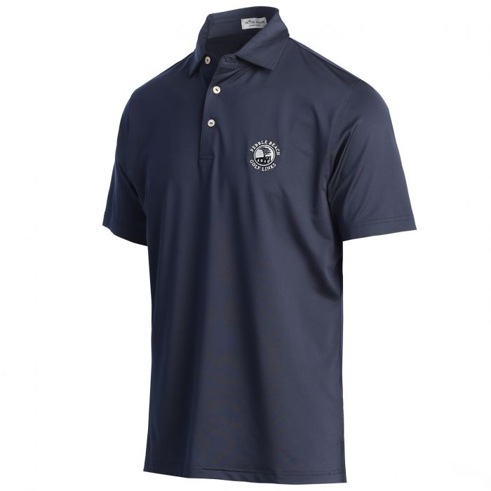 Navy blue polo shirt with a pebble beach logo on a white background