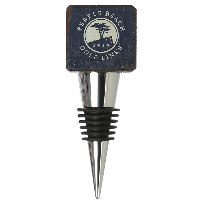 Navy wooden wine bottle stopper with pebble beach golf links logo on a white background
