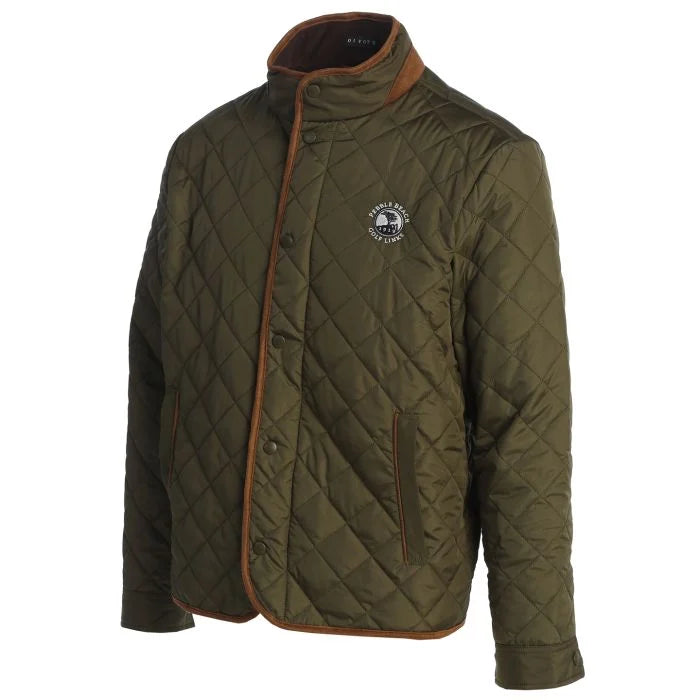 Olive Green quilted jacket with brown accents and a white pebble beach logo on the chest on a white background