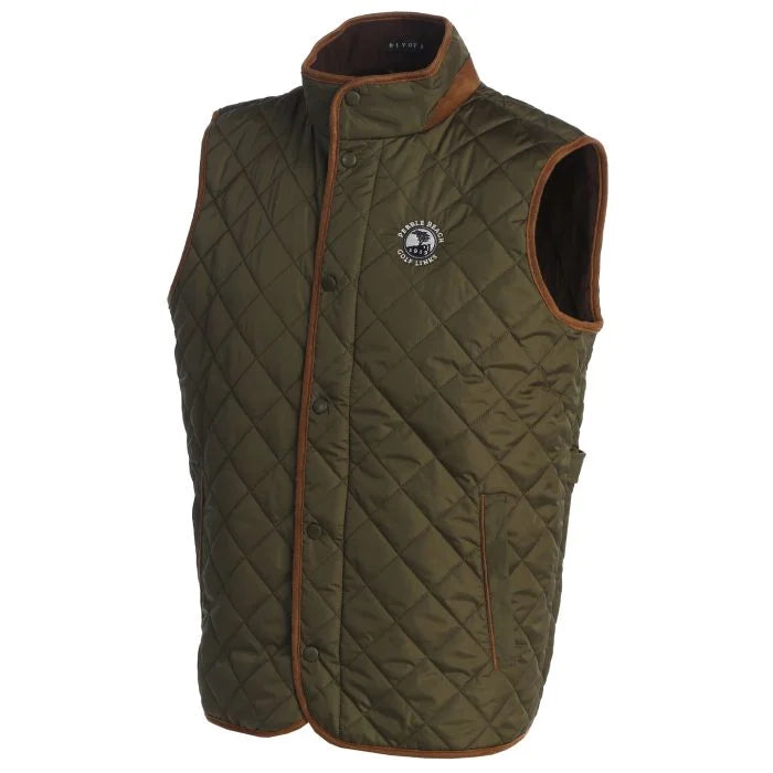 Olive Green quilted vest with brown trim and a white pebble beach logo on the chest on a white background