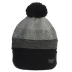 Gray and black beanie with a pom-pom and small pebble beach tag on a white background