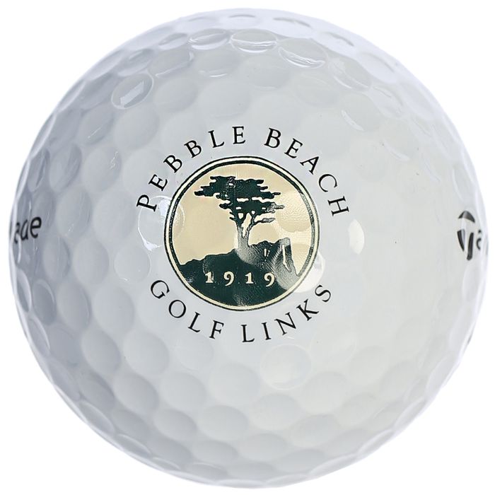 Golf ball with Pebble Beach Golf Links logo on a white background