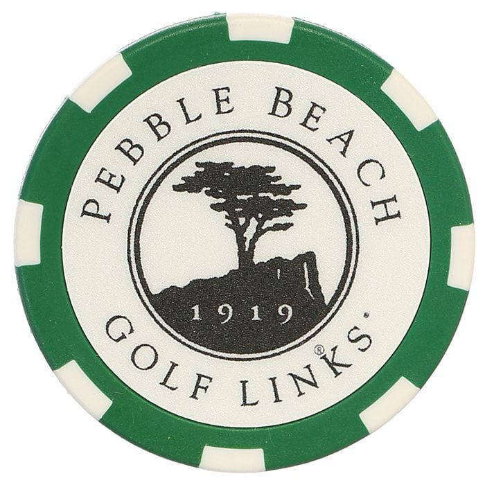 green and white chip with a Pebble Beach Golf Links logo on a white background