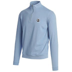 Light blue half zip pullover with a small pebble beach golf links logo on the chest against a white background