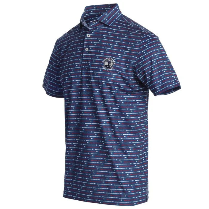 Navy blue polo shirt with white and red pattern and Pebble Beach logo on chest on a white background