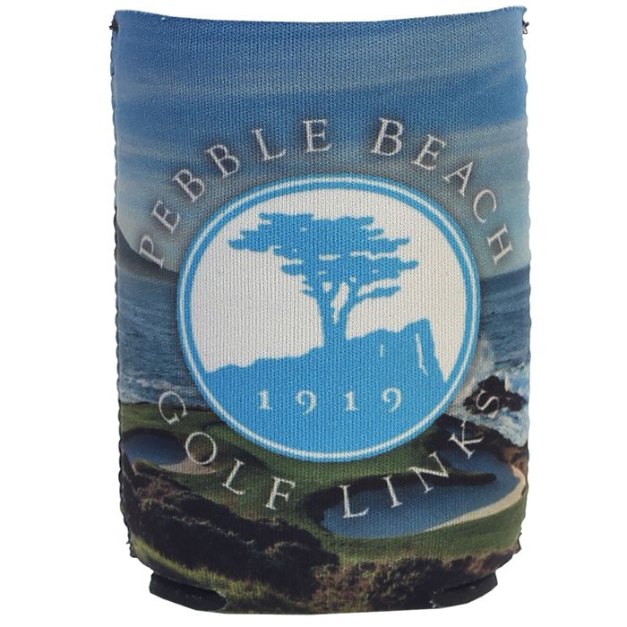 Koozie with Pebble Beach Golf Links logo on a white background