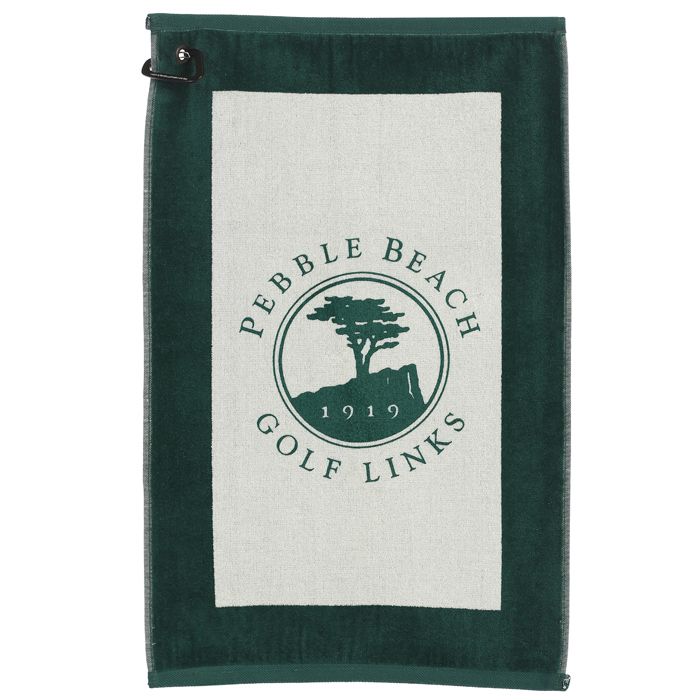 Green and beige gold towel with Pebble Beach Golf Links logo on a white background