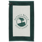 Green and beige gold towel with Pebble Beach Golf Links logo on a white background
