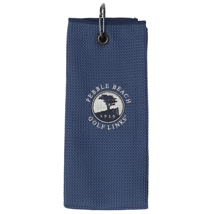 Blue l textured golf towel with Pebble Beach Golf Links logo on a white background