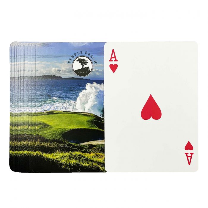 Playing cards with a golf course design and 'Pebble Beach' branding with a white background