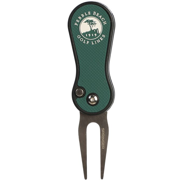 Green Golf divot tool with Pebble Beach Golf Links logo on a white background