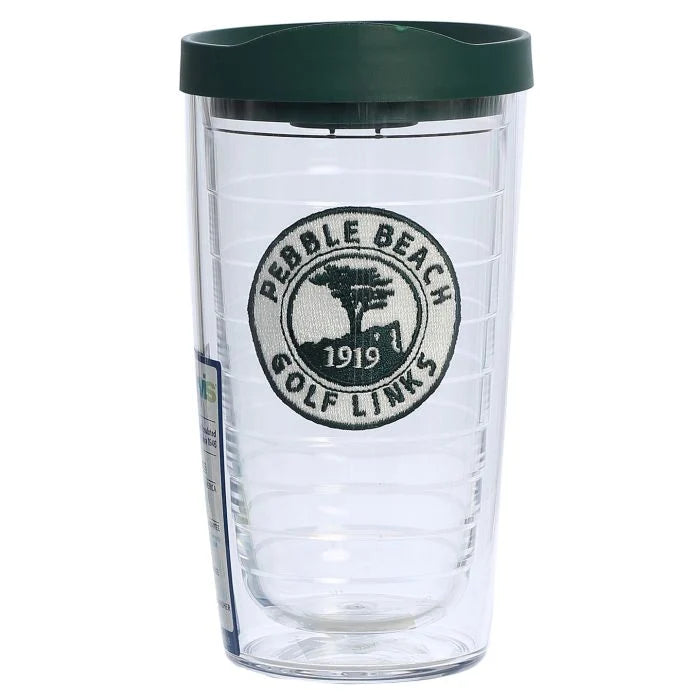Clear tumbler with green lid featuring Pebble Beach Golf Links logo on a white background